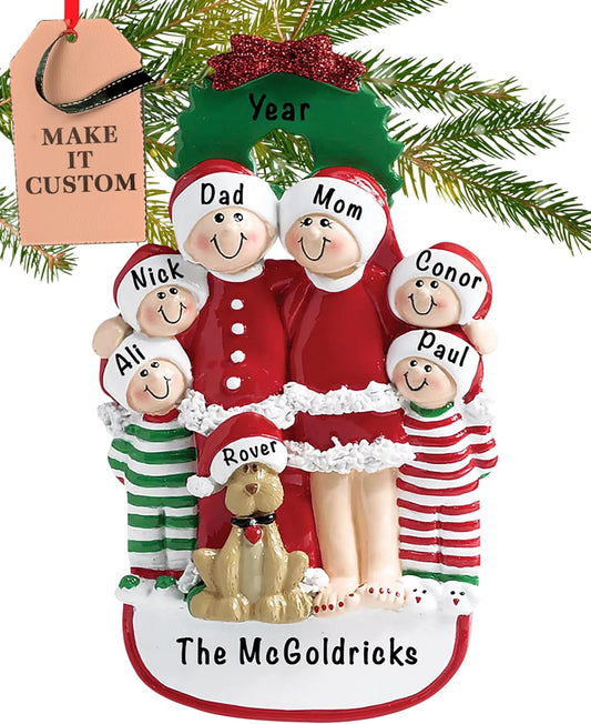 Personalized Family of 6 with Dog Ornament 2025 | Free 24h Customization | Christmas Ornaments for Tree | Custom Gift Wrapped Pet Keepsake for Dog-Lovers