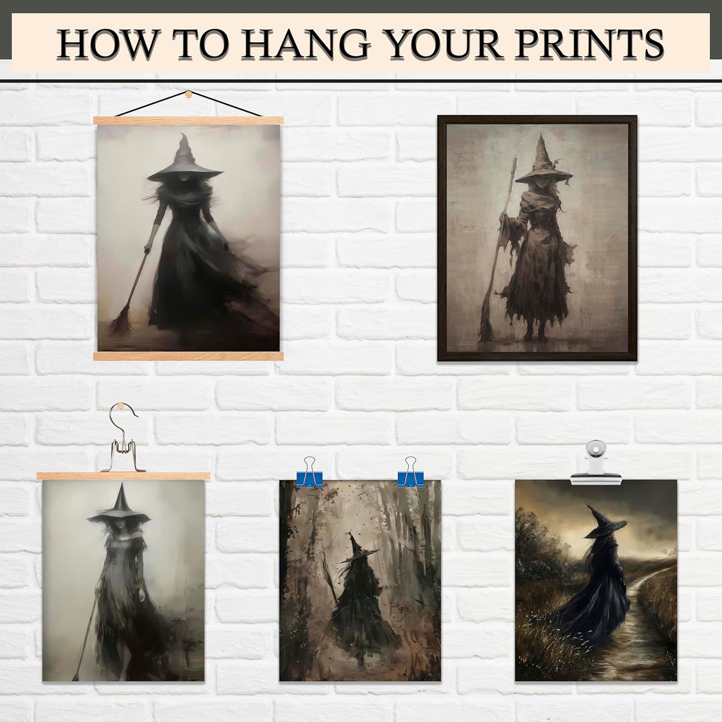 LANCHI95 6 Pcs 8x10in Vintage Rustic Witch Posters Halloween Wall Art Witch in The Forest Painting Prints Goth Dark Moody Wall Decor for Living Room Bedroom 8x10 in (UNFRAMED)