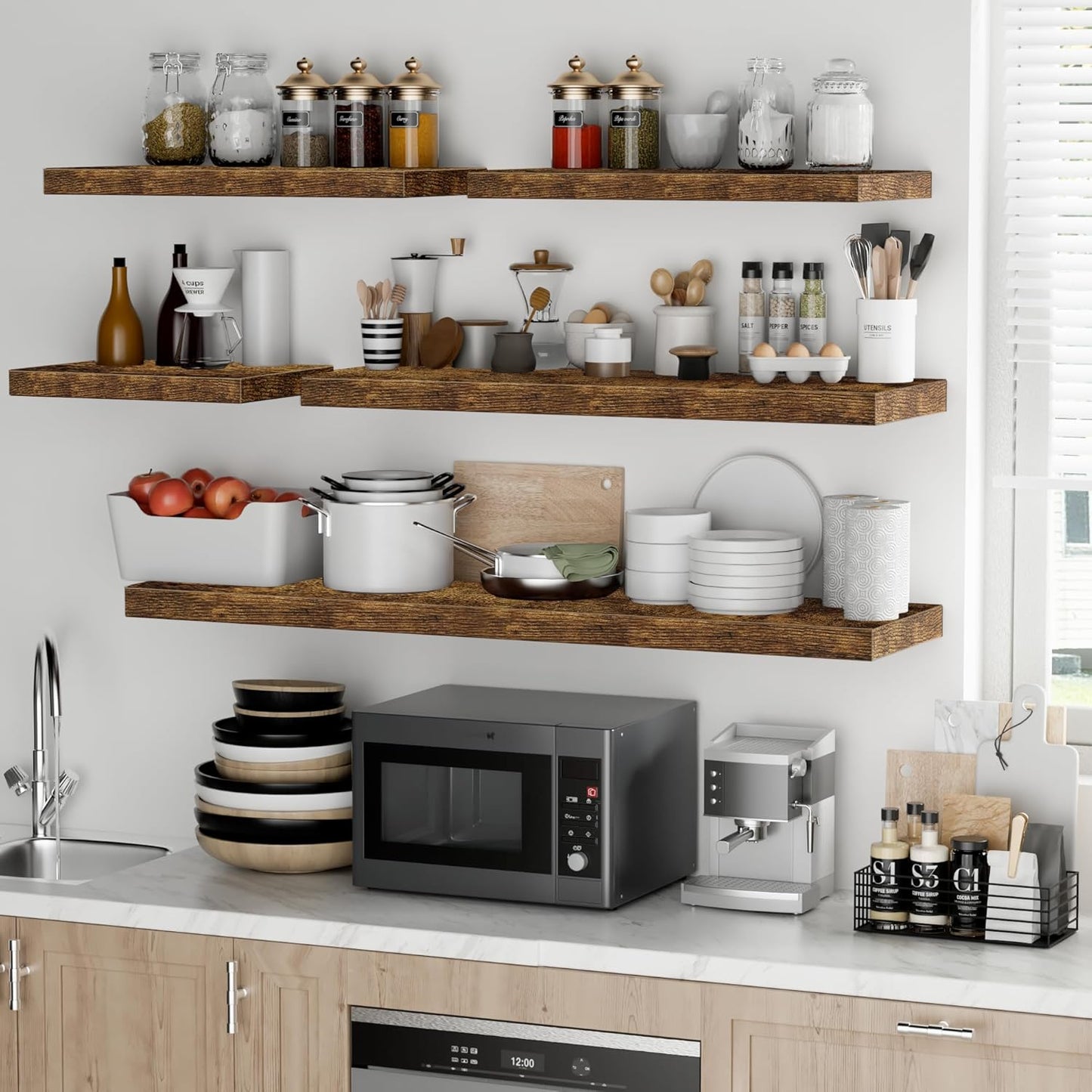 Fun Memories Floating Shelves - 2 Pack 12 Inch Deep Rustic Wooden Wall Shelves - Extra Deeper & Thicker Wall Mounted Storage Shelf for Living Room, Kitchen, Farmhouse - 16" W x 12" D x 1.5" H - Brown