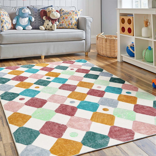 jinchan Area Rug 3x5 Kids Washable Indoor Floor Cover Non-Slip Modern Soft Rug Elementary School Classroom Colorful Diamond Carpet for Nursery Playroom Daycare Bedroom Living Room Confetti on Cream