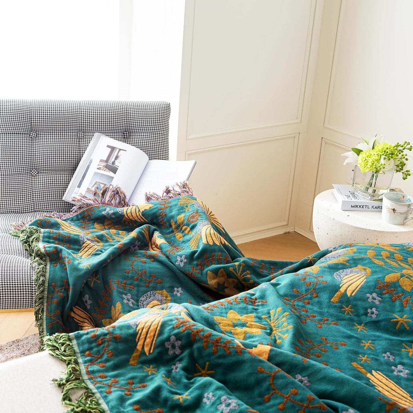 MSGKV Boho Throw Blanket Queen Size Cotton Blanket for Couch and Sofa Living Room Blanket Summer Bed Cozy Gauze Blanket 90" x 90"