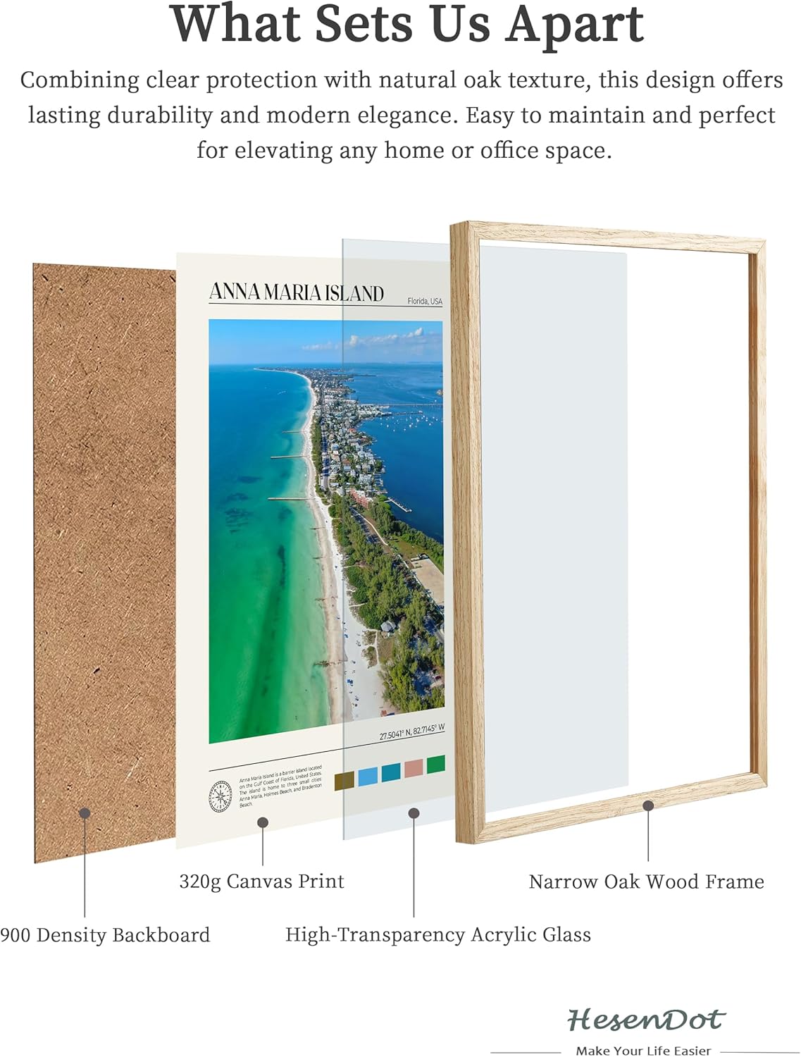 HesenDot Natural OAK Wood Framed Anna Maria Island Wall Art,12x16in Florida Seascape Canvas Wall Print,Classic Urban Landmark Wall Decor for Living Room, Bedroom,Office Gallery Set of 1