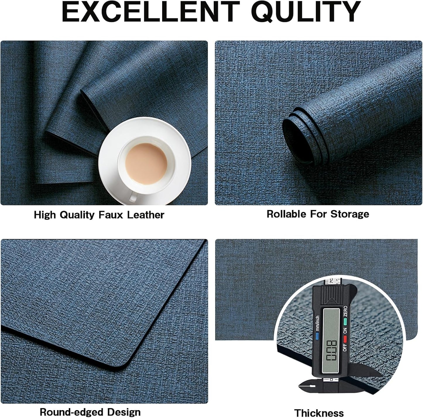 Chrysameld Vinyl Placemats Set of 8 - Faux Leather 100% Waterproof Oil-Proof Wipeable PU Place Mats, Heat Resistant Anti Slip Reversible Table Mats for Indoor & Outdoor Use,(17×12Inch, Navy Blue)