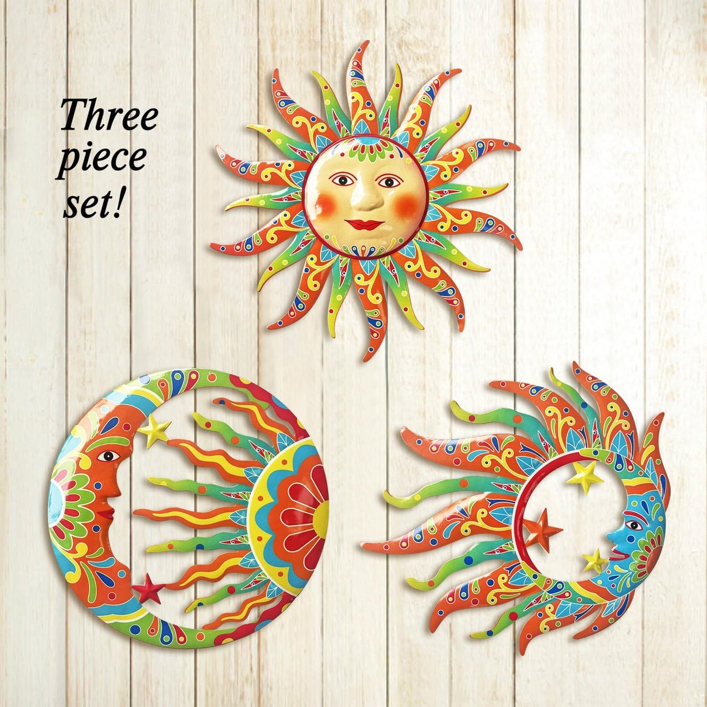 Limygus 3D Print Sun Wall Hanging, Wall Sculpture, Metal Wall Art Indoor/Outdoor Decor - 9” Colorful Rustproof Wall Sculpture - Ideal for Bedrooms, Gardens, Homes, Patios and Farmhouses, Set of 3