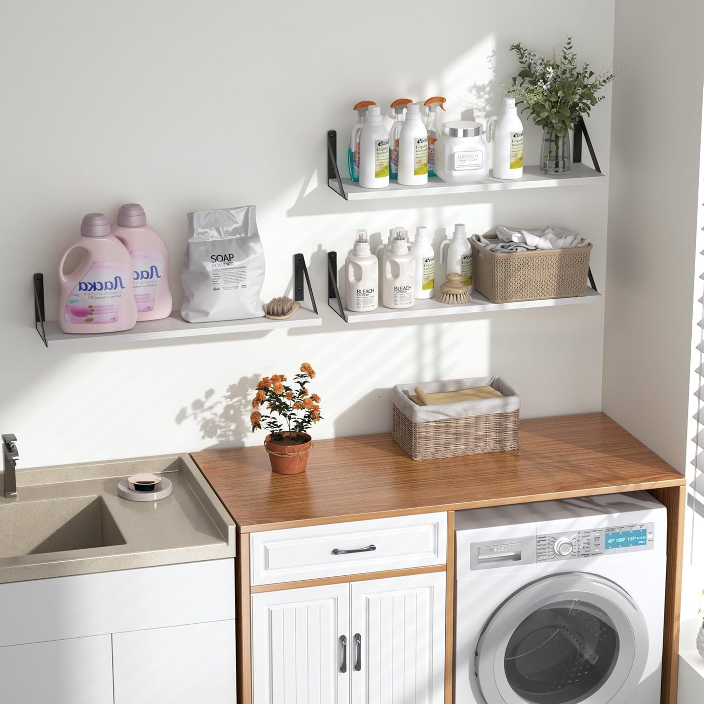 Heimlove Floating Shelves for Wall, 24 Inch Long Wood Floating Shelves Set of 3, Wall Mounted Hanging Shelf for Bathroom Bedroom Kitchen, White