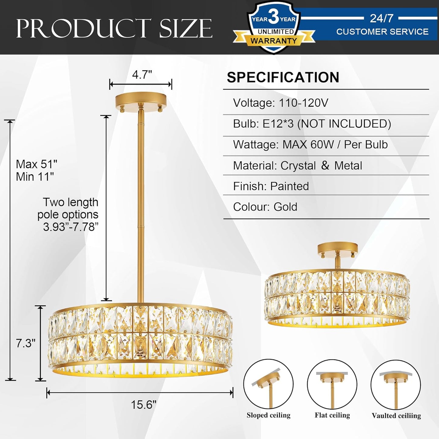 16” 4-Light Modern Crystal Chandeliers Gold Dinning Room Light Fixture, Round Pendant Light Kitchen Island Chandelier, Flush Mount Ceiling Light for Living Room Entryway Bedroom Foyer