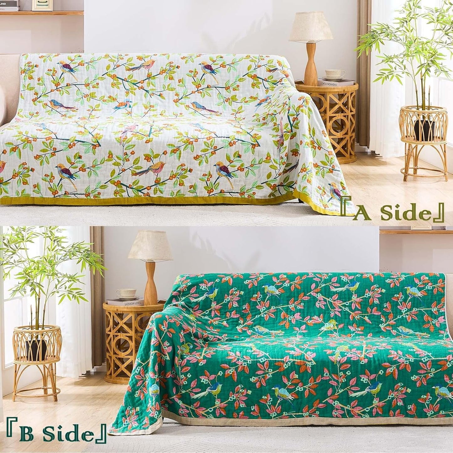 Boho Throw Blanket for Bed, 100% Cotton Soft Rustic Quilt Fall Blanket, 80"x90" Floral Printed Farmhouse Decor Bed Blankets, All Season Rustic Reversible Bohemian Throw Quilt