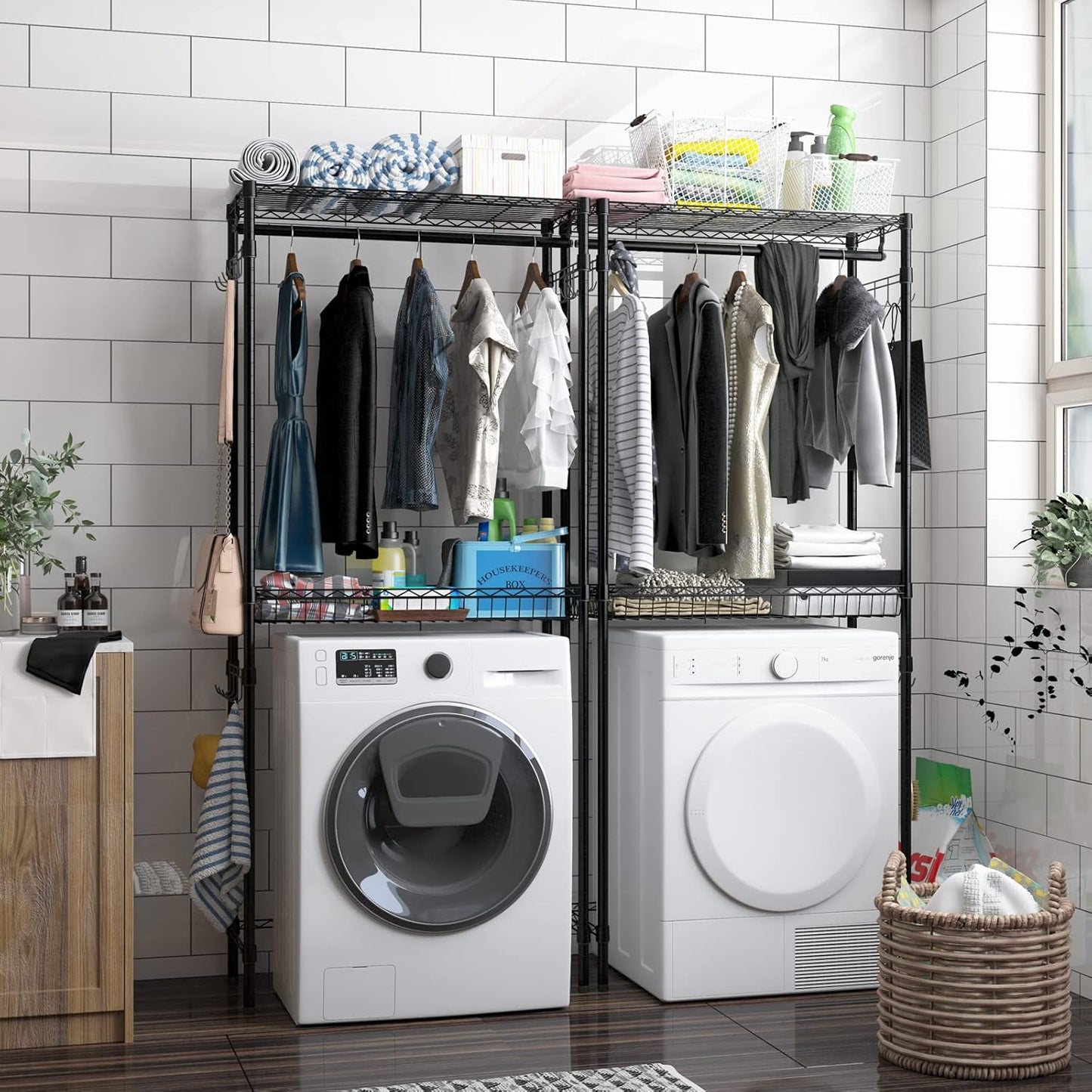 Xiofio Washer and Dryer Storage Shelf,Clothes Drying Rack,2 Tier Adjustable Height Storage Wire Basket with 2 Side Hook Laundry Shelves Used for Bathroom, Bedroom,Balcony,Black