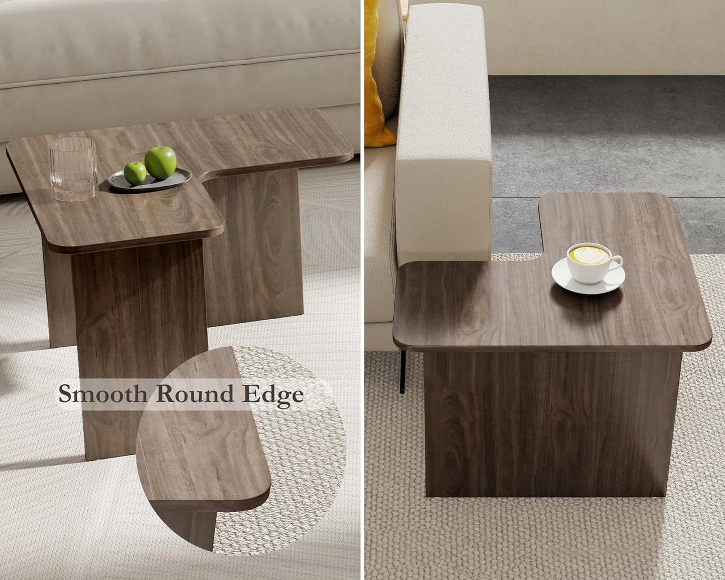 VESCASA Modern L Shaped Nesting Coffee Table Set of 2 Modular Rectangle Walnut Wood Table for Living Room