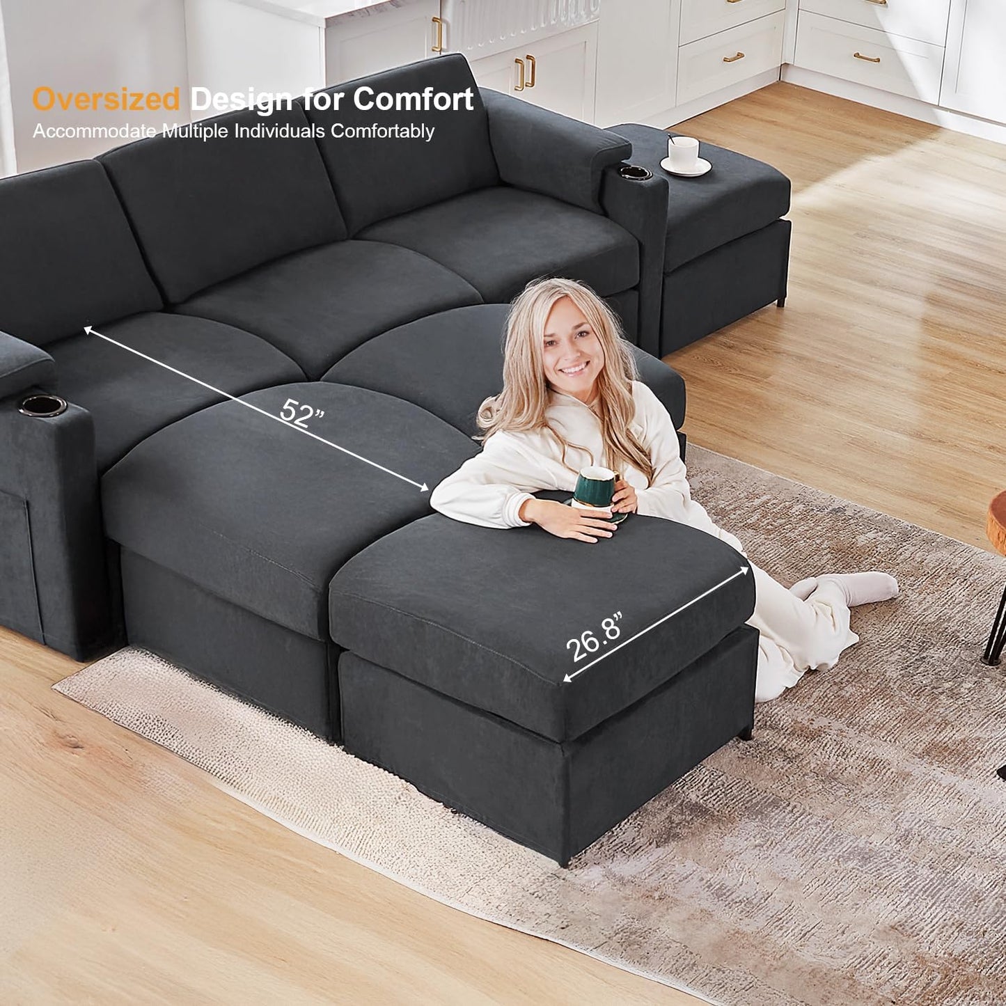 Modular Sectional Sofa Couches for Living Room Velvet Cloud Couch Oversized U Shaped Sectional Couch Convertible Sleeper Sofa Chaise Padded Armrests Cup Holder (Grey, 8 Seats)