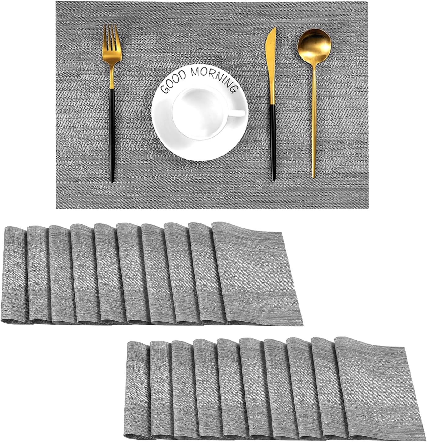 Leetaltree Grey Placemats, Heat Resistant Non-Slip Place mats for Dining Table, Washable Durable PVC Vinyl Woven Table Mats (Set of 20)