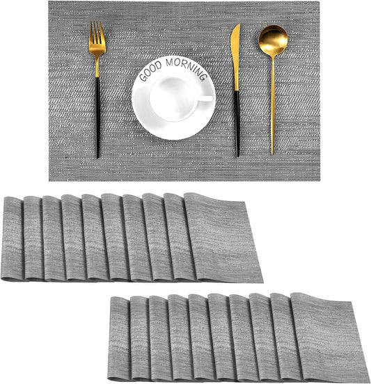 Leetaltree Grey Placemats, Heat Resistant Non-Slip Place mats for Dining Table, Washable Durable PVC Vinyl Woven Table Mats (Set of 20)