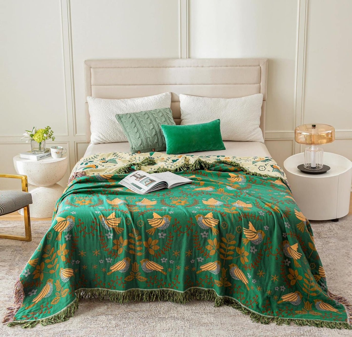 Green Summer Blanket 60''x 80'' Boho Throw Blankets for Couch Bed Chair,100% Cotton Quilts Christmas Warm Soft Blanket Muslin Bed Blankets Farmhouse Decoration