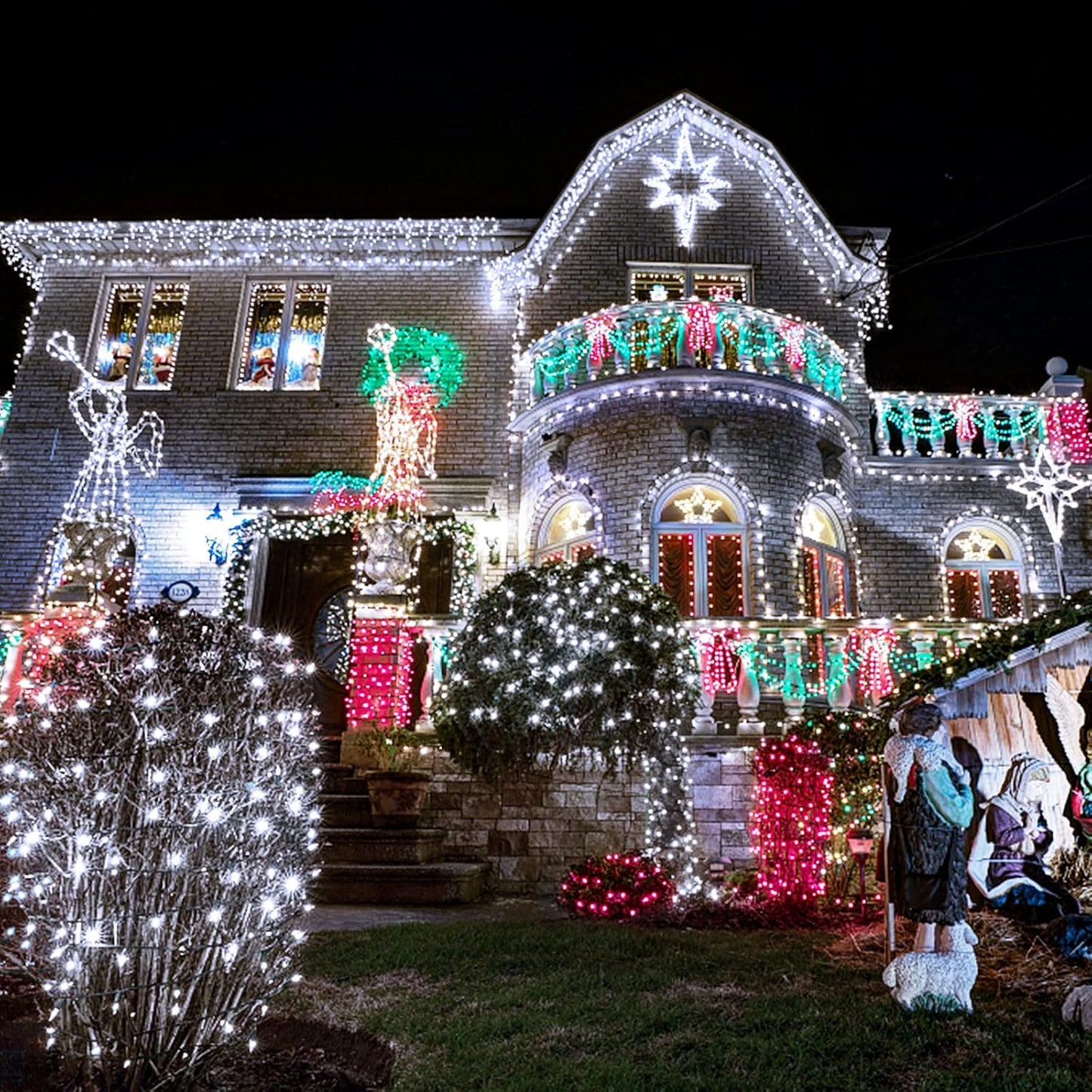 JMEXSUSS 300 LED White Christmas Lights, Outdoor Indoor, Green Wire, 8 Modes, Waterproof, Perfect for Xmas, Wedding, Party, Garden