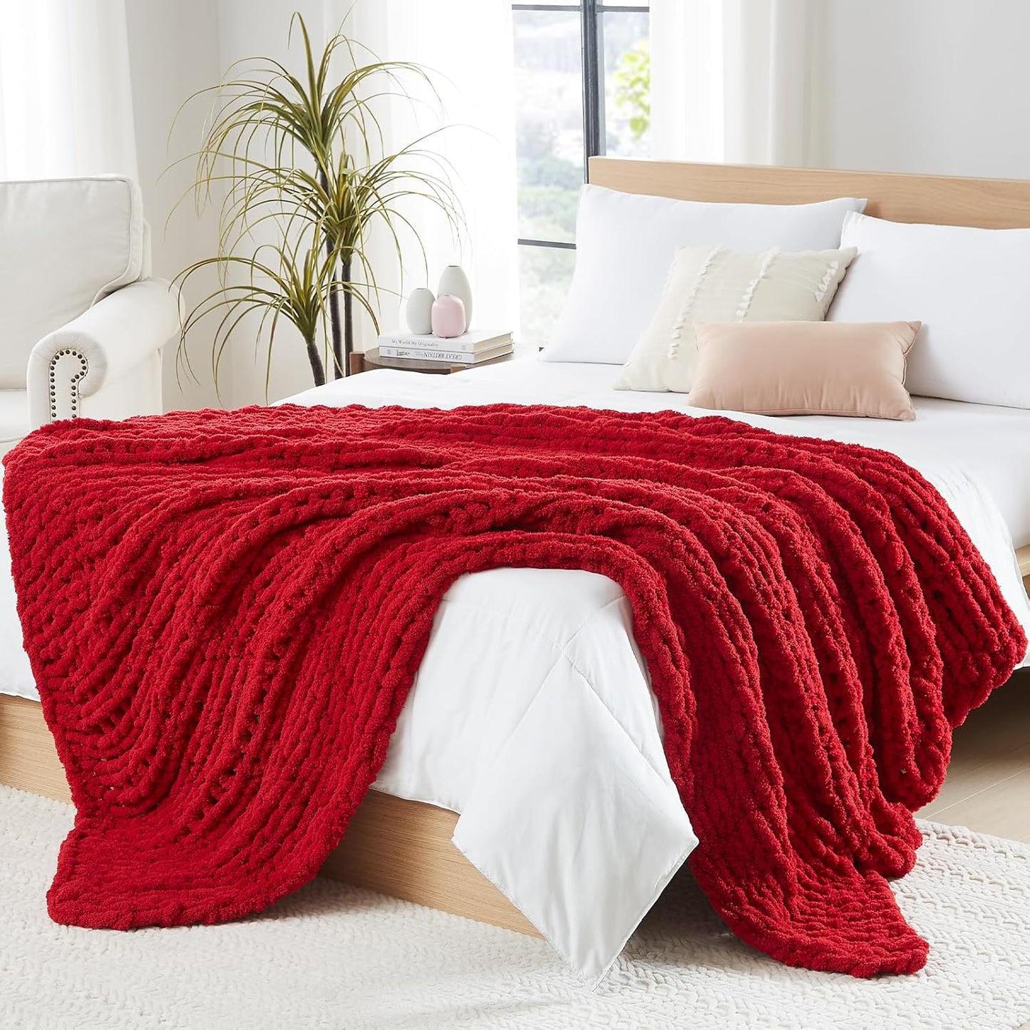 L'AGRATY Chunky Knit Blanket Throw - Soft Chunky Throw Blanket 30x40: 100% Hand Kintted Chenile Crochet Blanket Large Cable Knit Chunky Blanket - Rope Knot Throw Blanket for Couch Home Decor(Red)