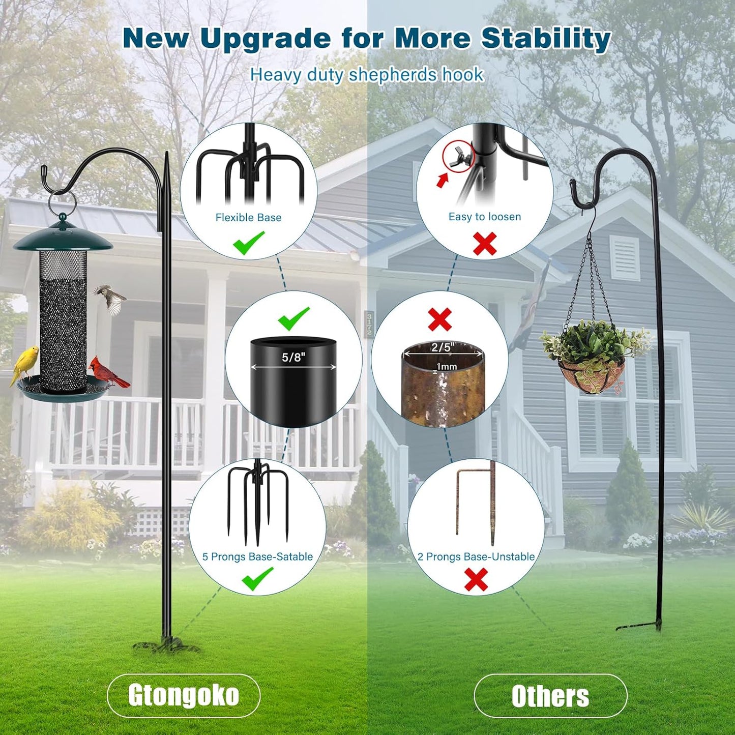 Gtongoko 63 Inch Shepherds Hooks for Outdoor with 5 Prongs Base, Adjustable Bird Feeder Pole Garden Hooks for Hanging Lanterns, Plants Baskets, Hummingbird Feeders, 1 Pack