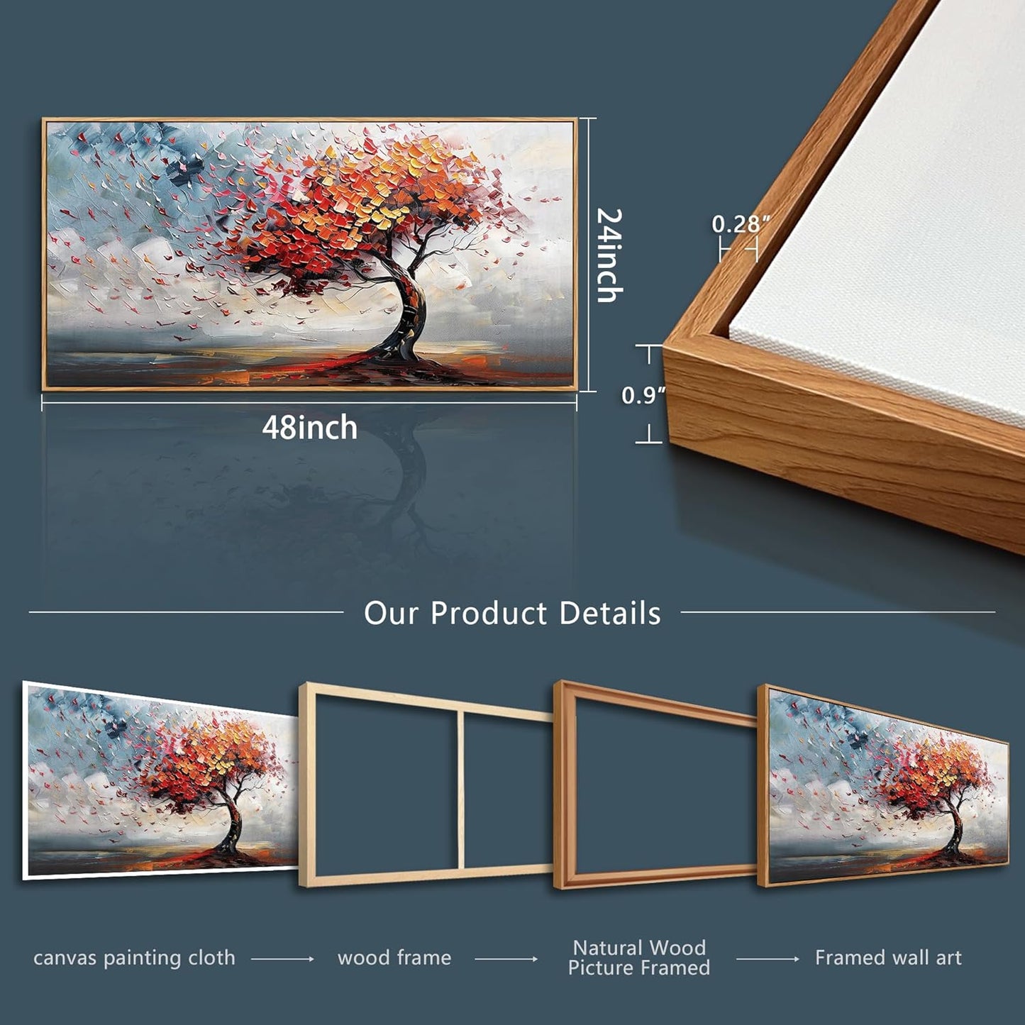 hyidecorart Wood Framed Prints Textured Pictures Large Abstract Wall Decor For Living Room Canvas Wall Art For Office Bedroom Decor Tree Panoramic Landscape Wall Painting Artwork Modern Hotel Mural