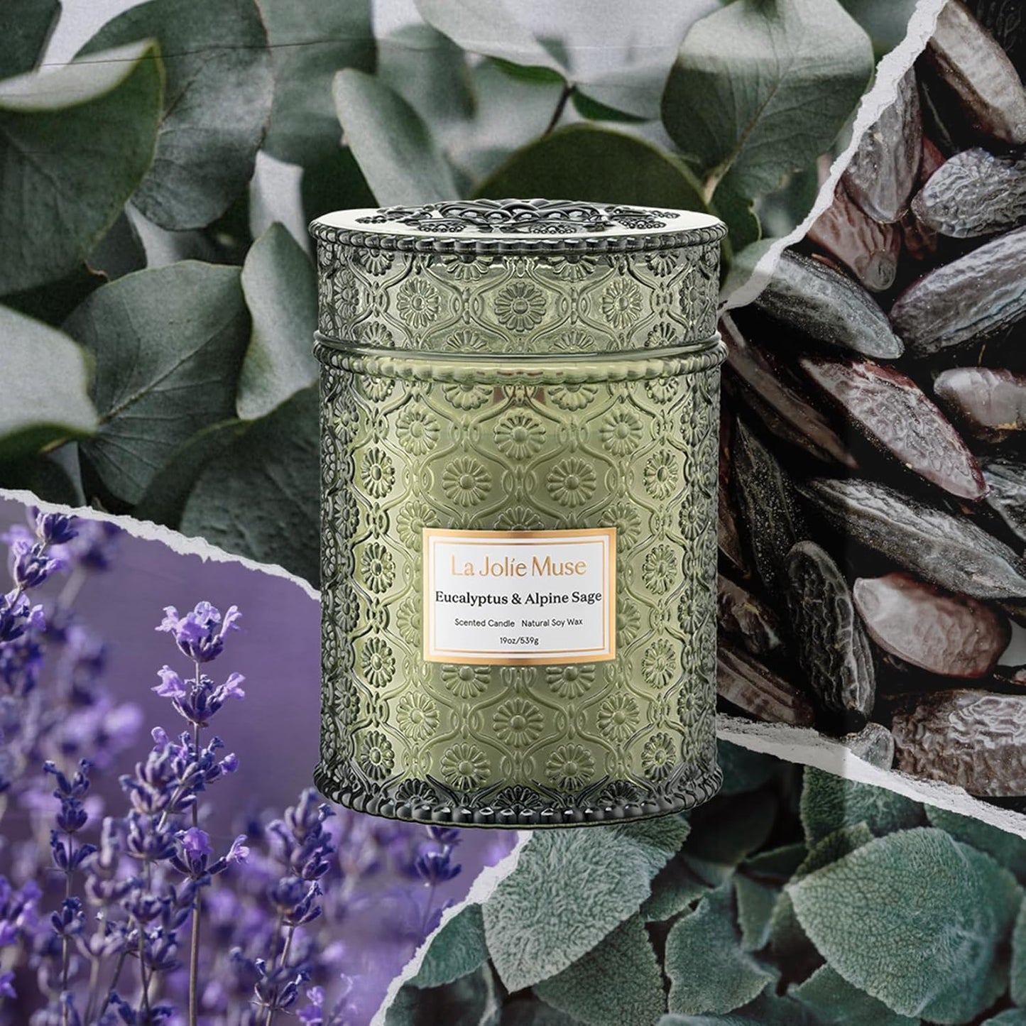 LA JOLIE MUSE Eucalyptus & Alpine Sage Candle – Eucalyptus, Sage & Lavender | 19 oz Wooden Wick | Natural Soy Wax | 90 Hours Burn | Candle for Relaxation