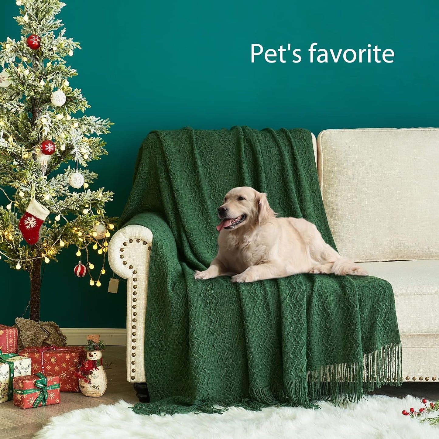 MIULEE Dark Green Knitted Throw Blanket for Couch Boho Textured Cozy Woven Blanket with Tassels for Sofa Chair Bed Living Room Acrylic Wave Pattern 50"x60"