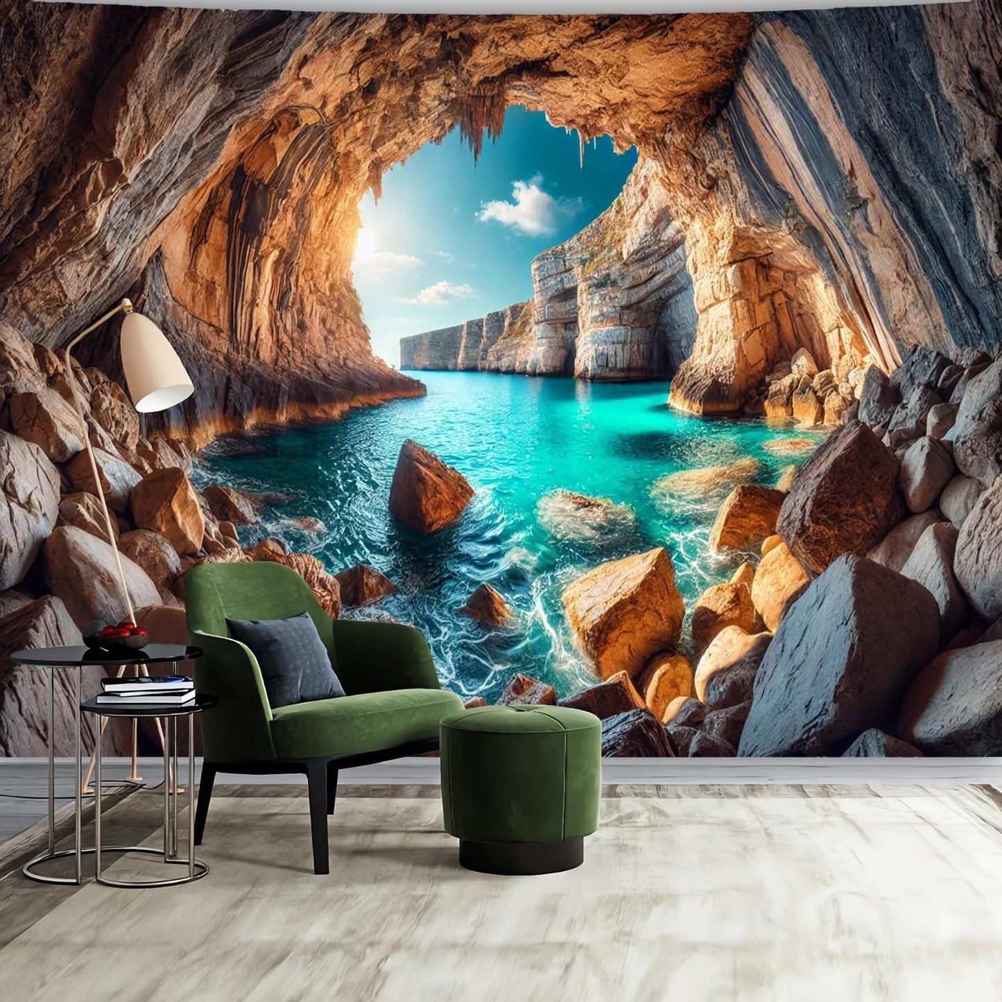 BSFHH Nature Tapestry Forest Tree Sea Cave Wall Hanging, Stream Through Rainforest Landscape Wall Art Tapestry for Bedroom Living room (Cave Sea View, 90"×70", Unframed)