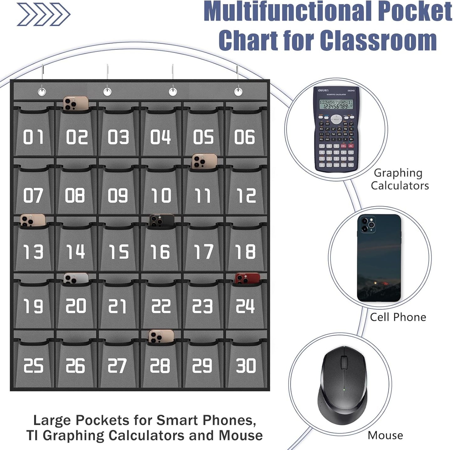 Loghot Classroom Accessories Closet Pocket Chart for Cell Phones Holder Wall Door Hanging Organizer (30 Pockets Gray)