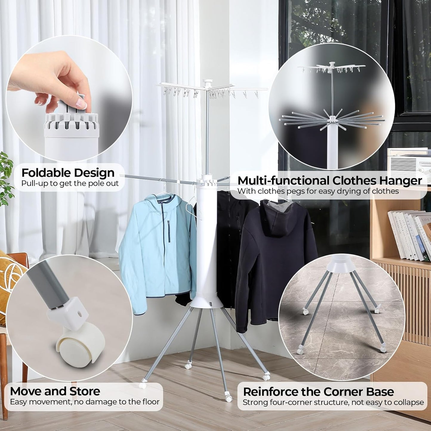 4-Legged Clothes Drying Rack Foldable,Octopus-Shaped Portable Laundry Drying Rack,Outdoor and Indoor Collapsible Drying Rack with 4 Pulleys,2 Tier