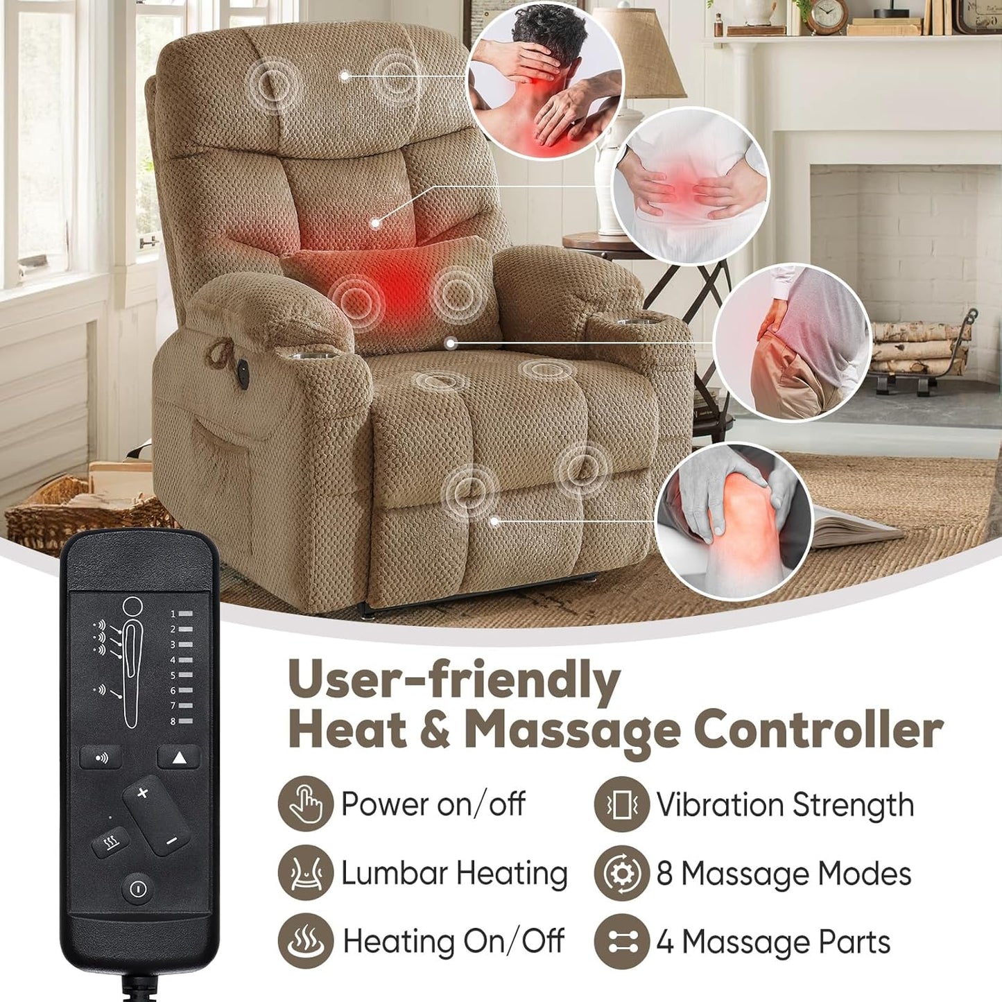 Oversized Dual Motor Lay Flat Power Lift Recliner Chair with Massage, Heating, Lumbar Pillow, USB & Type-C Ports, Textile Lift Chairs Recliners, Large Recliner for Big & Elderly People - Beige