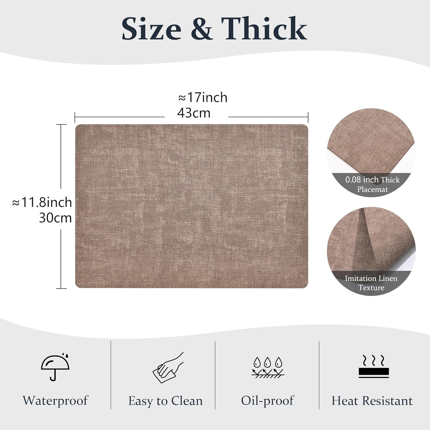 FROMHEART Faux Leather Placemats Set of 4–Waterproof,Heat/Oil Stain-Resistant PU Table Mat–Reversible,Non-Slip,Easy to Clean Place Mats for Kitchen,Dining,Indoor/Outdoor,(Dark Coffee,11.8" x 17")