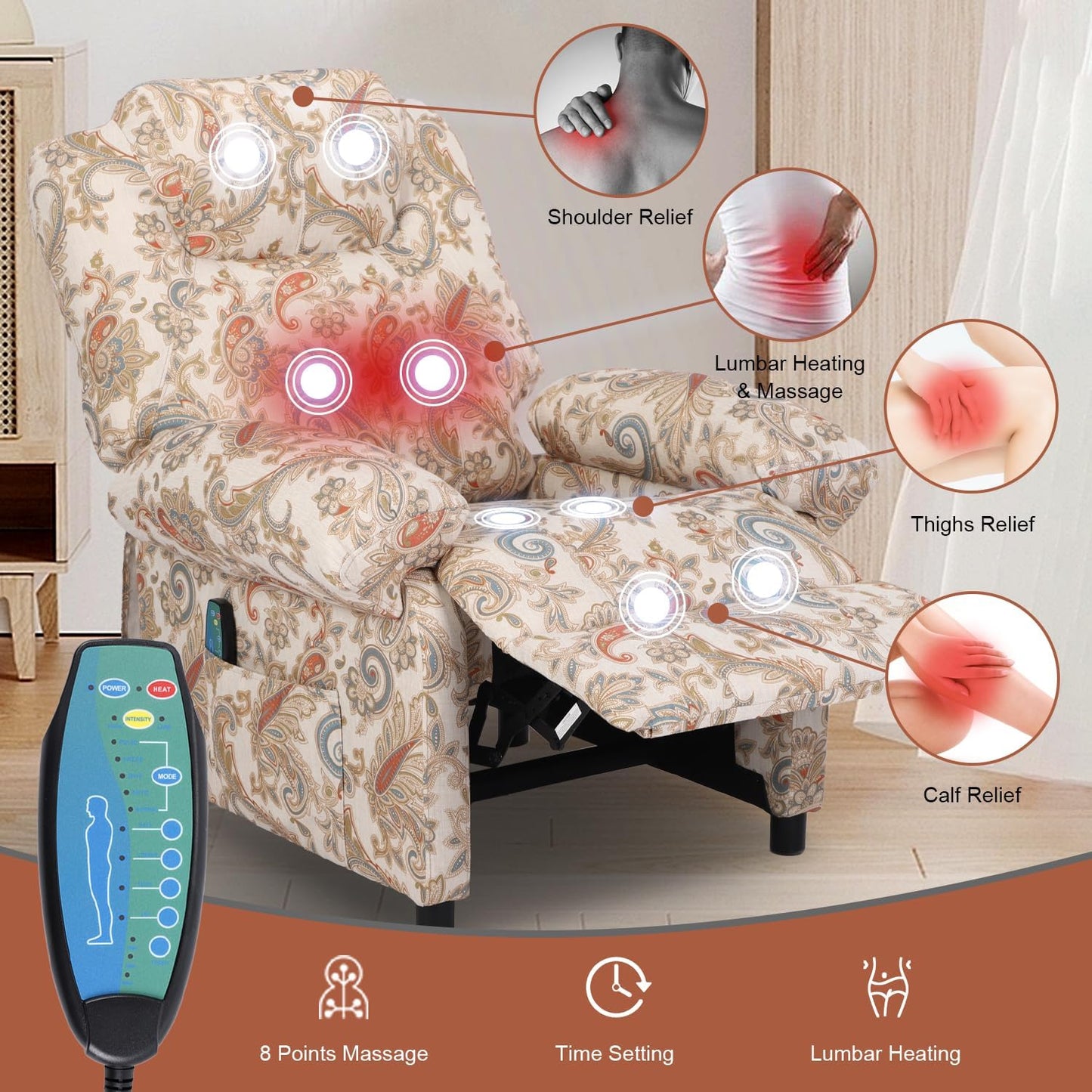 KCREAM Manual Massage Chair Recliner for Adult, Fabric Small Recliner Chairs with Side Pockets and Vibration,Single Sofa Home Theater Seating,Floral