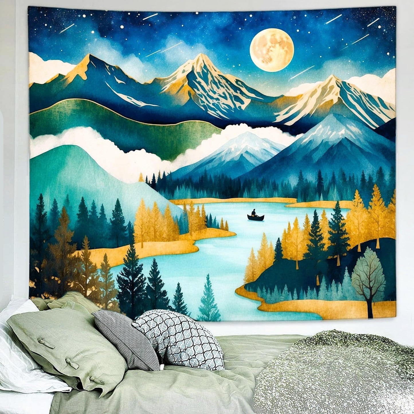 Delur Mountain Tapestry Boho Moon Stars Starry Night Tapestry Wall Hanging Forest Tree Nature Landscape Psychedelic Headboard for Bedroom Living Room Home Decor (51.2" x 59.1")