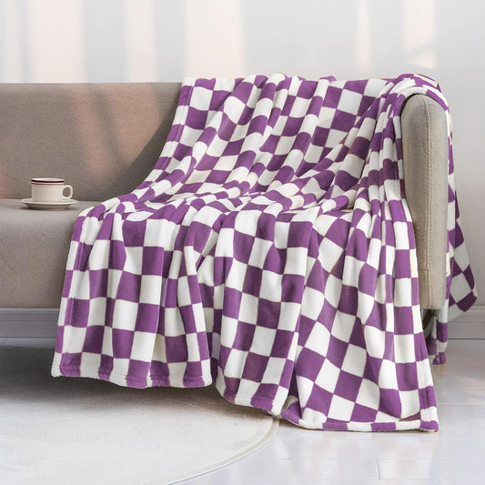 LOMAO Throw Blankets Flannel Blanket with Checkerboard Grid Pattern Soft Throw Blanket for Couch, Bed, Sofa Luxurious Warm and Cozy for All Seasons (Purple, 50"x60")