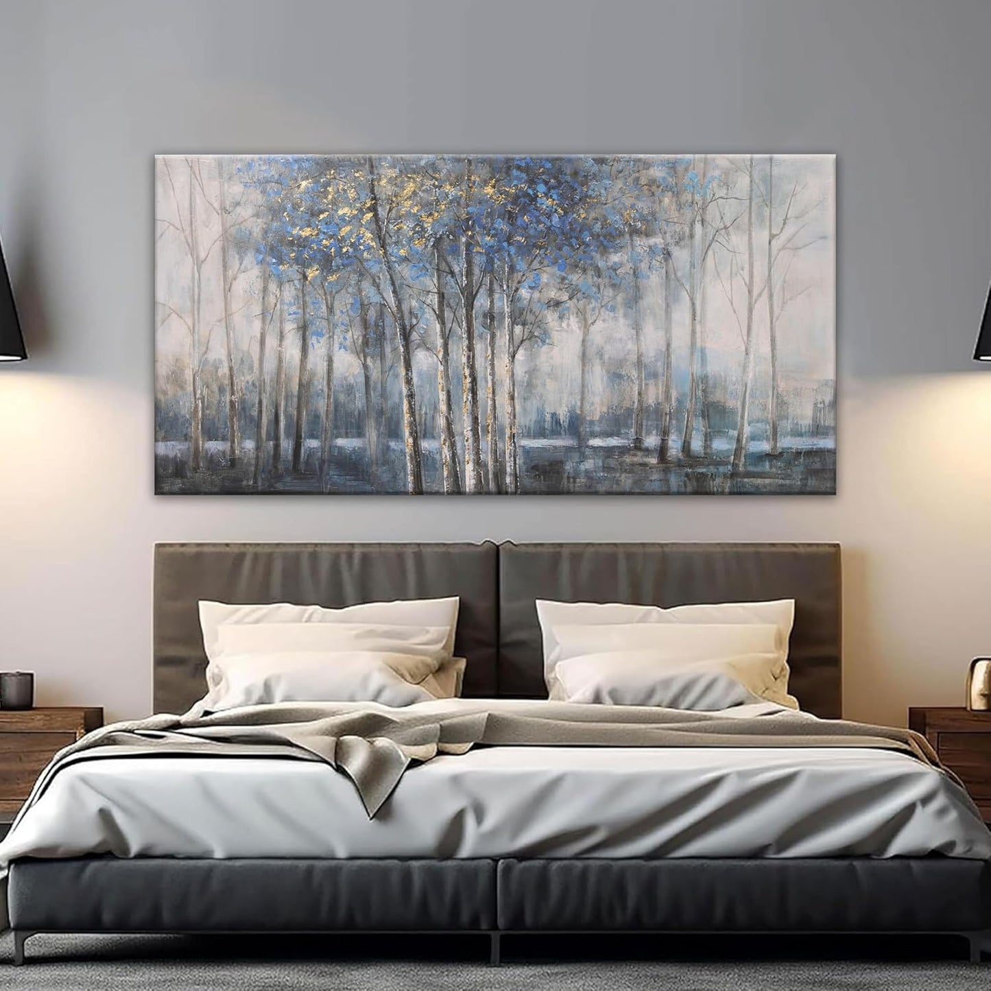 Canvas Wall Art Decor Pictures Wall Decor Prints Modern Large Wall Art Gold Wall Art Blue Grey Misty Botanical Textured Artwork for Walls For Room Living Room Bedroom Office Wall Decor 24"X48"