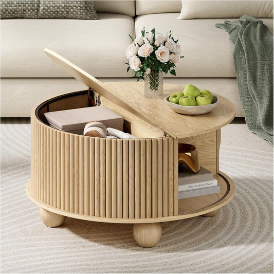 Round Coffee Table with Storage,Fluted Lift Up Coffee Table with Sliding Door,31.5" Drum Center Table with Bun Feet for Living Room,Home Small Space,Oak