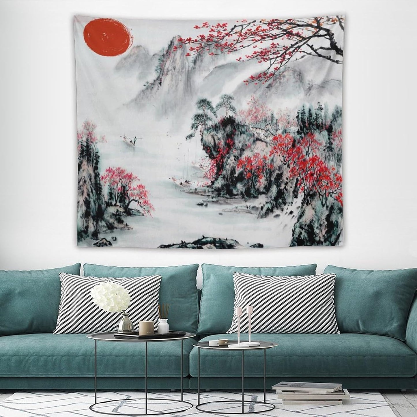 Cherry Blossoms Tapestry,Japanese Red Landscape Asian Watercolor Abstract Art Tapestry, Asian Japanese Wall Tapestry, Nature Landscape Tapestries for Bedroom Living Room Decor 60"x50"