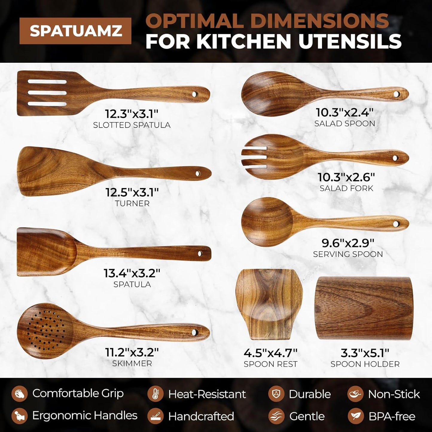 SPATUAMZ Wooden Spoons for Cooking, Teak Wood Kitchen Utensil Set for Nonstick Cookware, Durable Cooking Spatulas Set of 9 with Holder and Spoon Rest