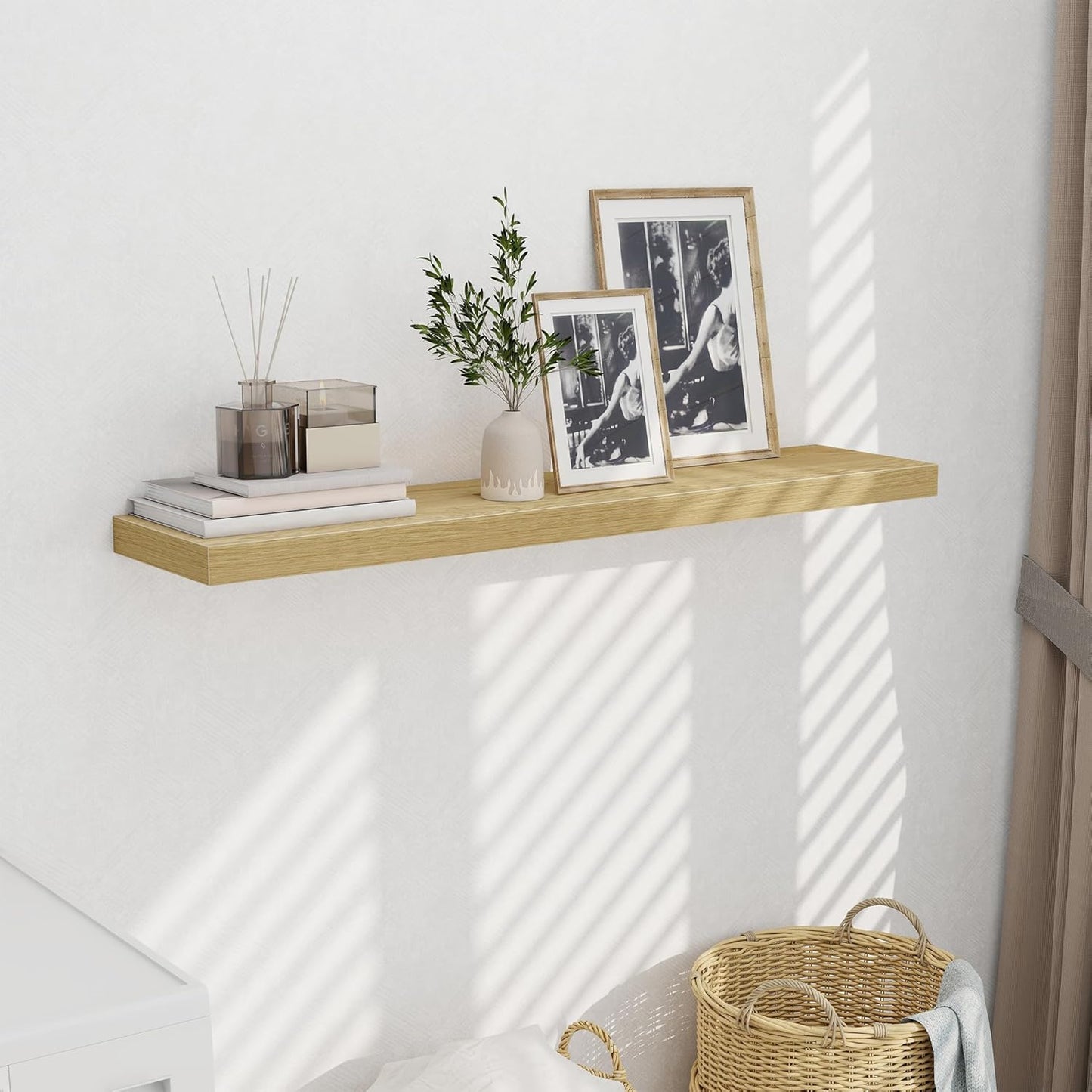 Fun Memories 48 Inch Floating Shelves for Wall - 10 Inch Deep Fireplace Mantel Shelf - Wood Floating Shelves for Wall - Large Storage Shelves Wall Mount for Living Room & Bedroom - Oak - Set of 1