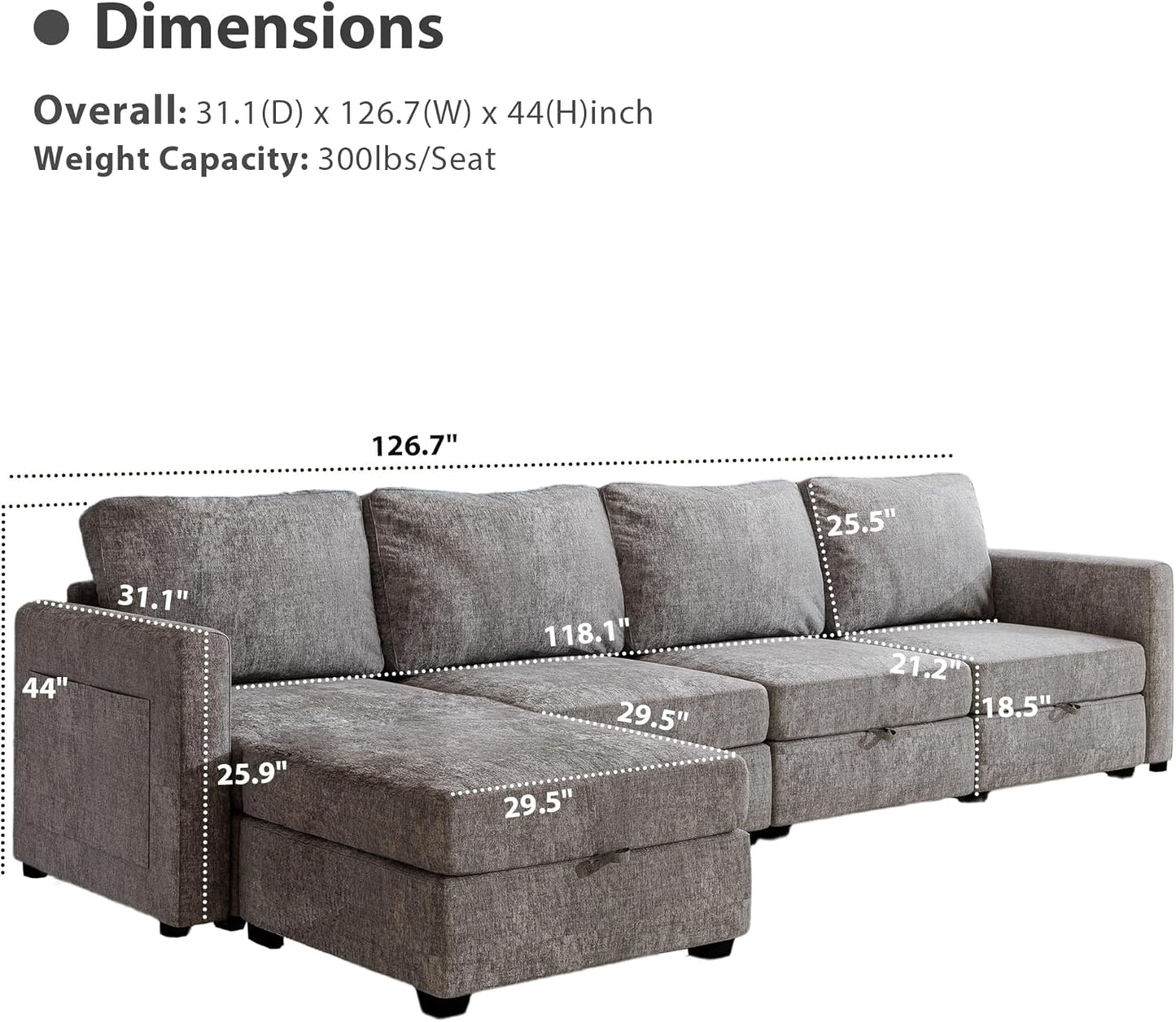 mestyl Modular Sectional Sofa Convertible L Shaped Sofa Couch Set with Storage for Living Room, Modern 4 Seater Modular Sectional Couch with Movable Ottoman (Grey)