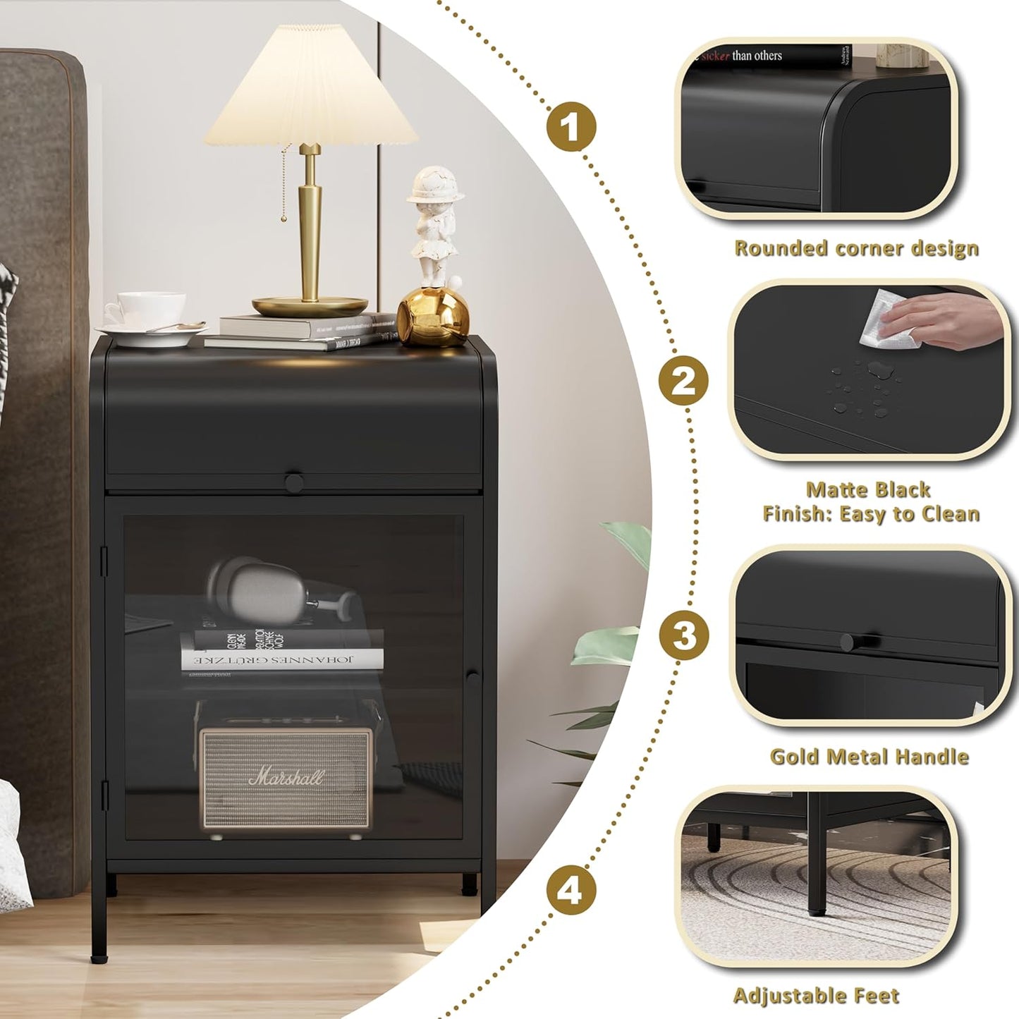 Modern Metal Side Tables Set of 2, End Tables with Glass Door, 2-Tier Nightstands with Storage Shelves, Accent Table, Slim Sofa Table for Living Room, Bedroom (Black)