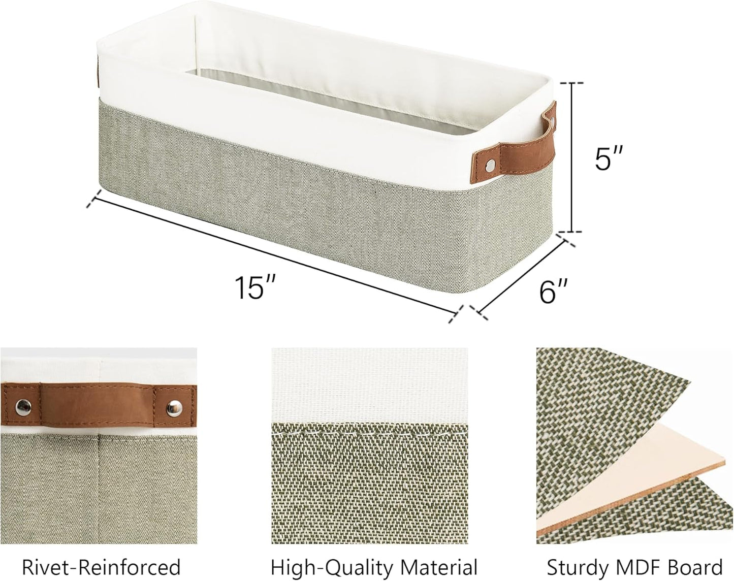 StorageWorks Narrow Storage Bins, Small Basket for Closet and Shelves, Fabric Organizer with Handles, Toilet Paper Storage, Green and White, 2-Pack