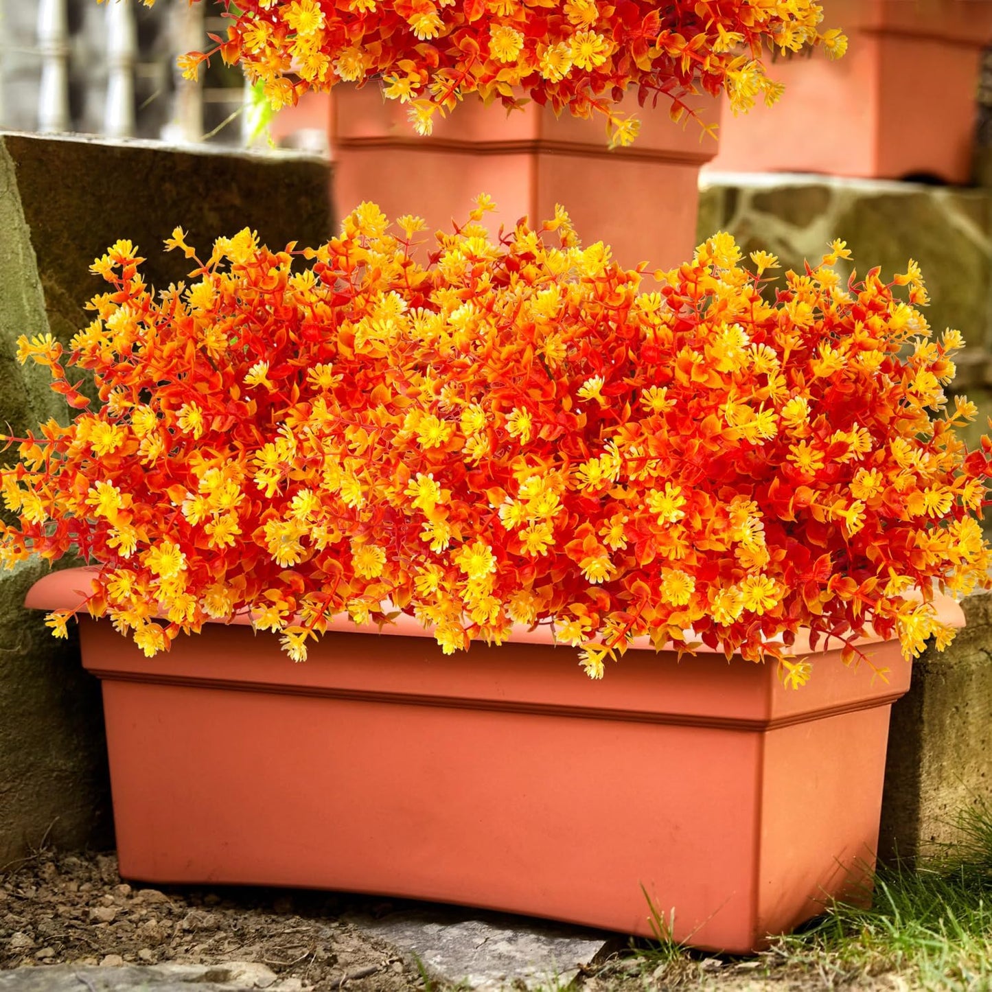 12 Bundles Artificial Fall Flowers No Fade Faux Autumn Plants, Fake Indoor Outdoor Greenery Decorations for Thanksgiving Christmas Wedding Party Home Garden Fireplace Décor (Fall Orange)