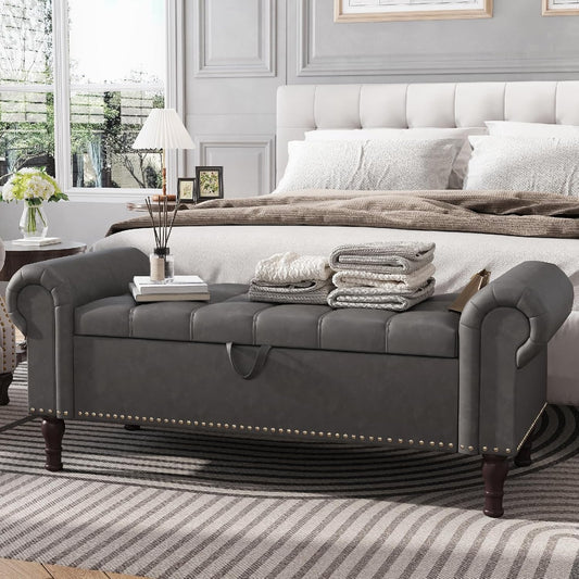 Apicizon 51”Bench with Storage, Upholstered Tufted Button Window Bench with Plenty Hidden Storage Space,Faux Leather Ottoman Bench for Bedroom, Living Room, Entryway，Gray
