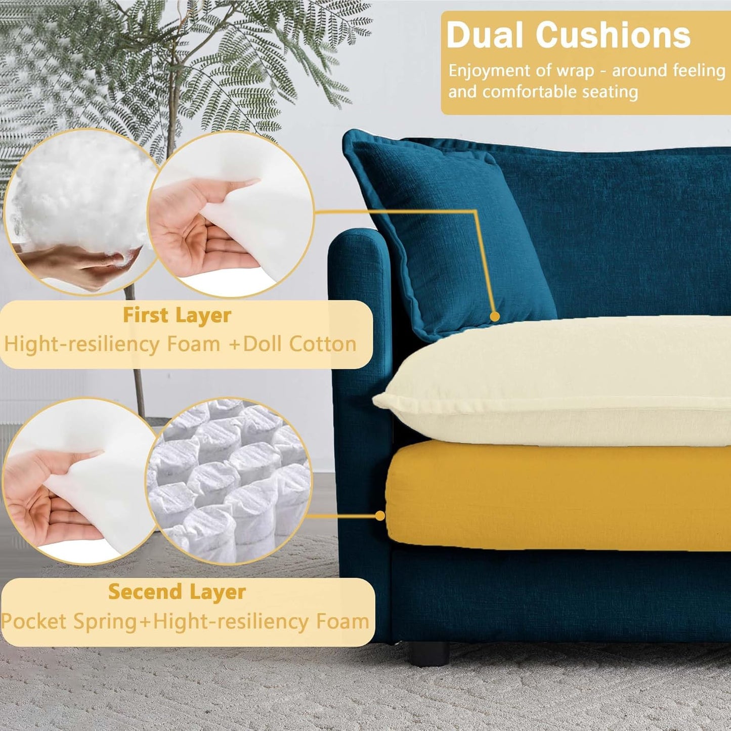 Sectional Sofa 4 Seater with Movable 1 Ottoman,Oversized Modular Couch Deep Seat (Blue, 146.5 inch-L)