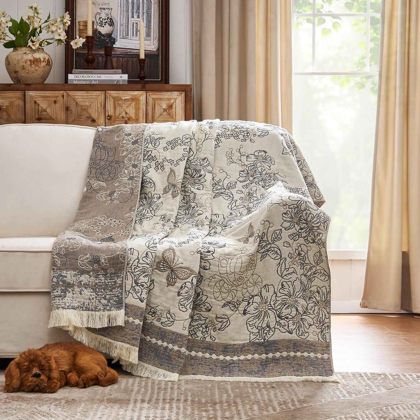 jinchan Boho Floral 100% Cotton Blanket 4-Layer Throw Blanket with Tassel Grey and White Flower Butterfly Soft Luxury Rustic Farmhouse Decor Blanket for Couch Bed 60x80 inch All Season Gift for Women