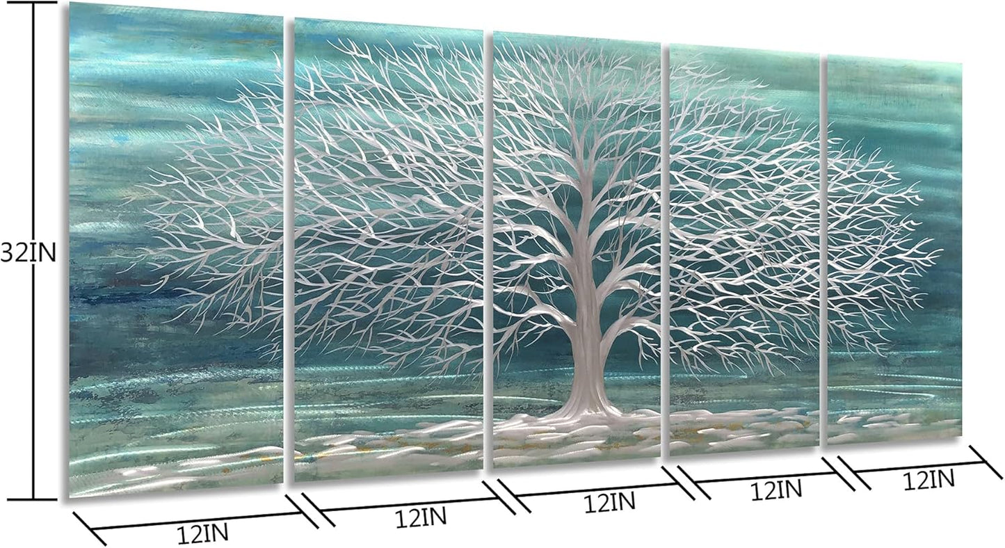 Yihui Arts Large Metal Wall Art Handcrafted Aesthetic Tree Pictures on Aluminum 5 Panels Teal and Silver Abstract Landscpae Artwork for Living Room Bedroom Dinning Decor