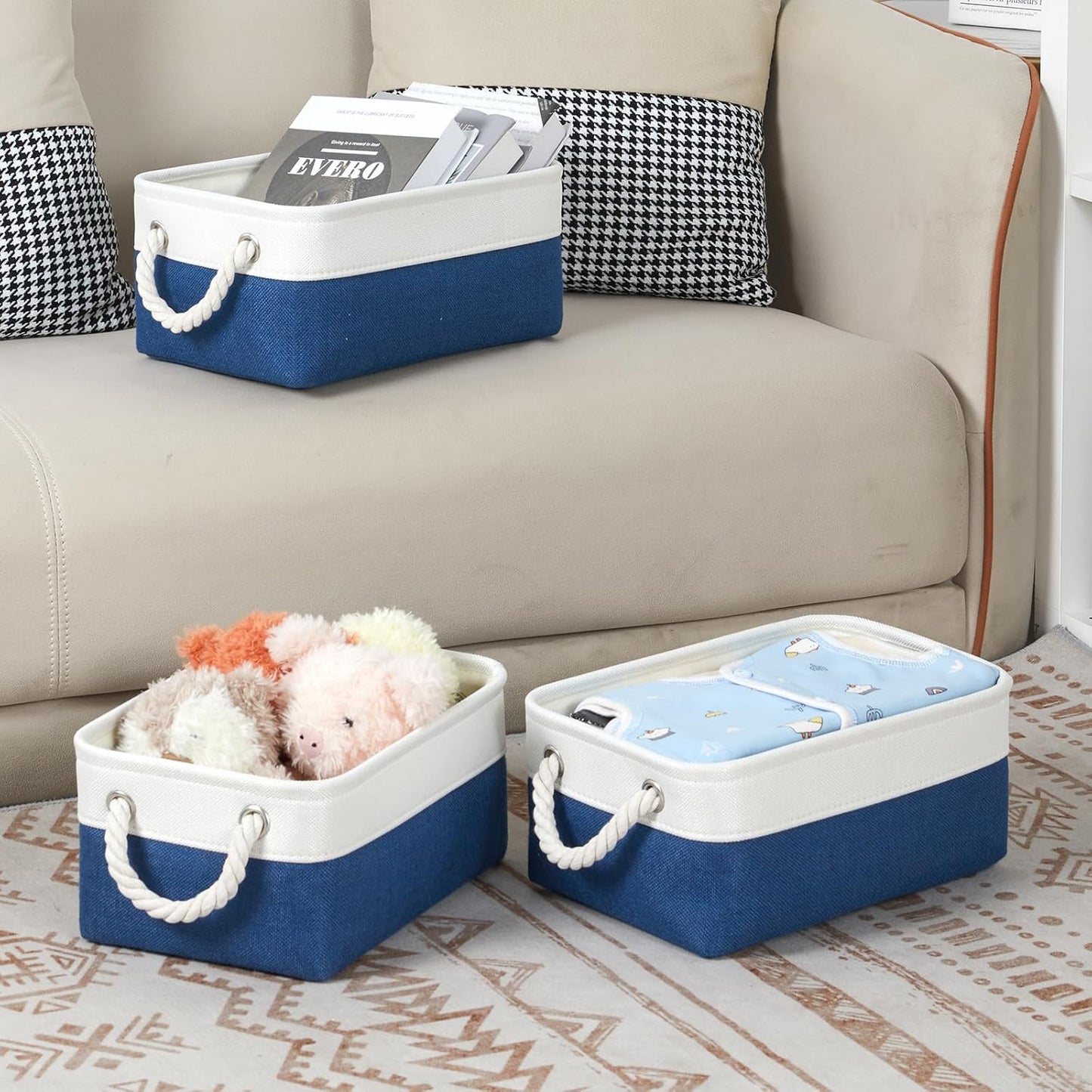 Bidtakay Small Storage Baskets for Shelves 3 Pack Fabric Storage Bins for Organizing Linen Collapsible Organizer for Closet-White&Blue