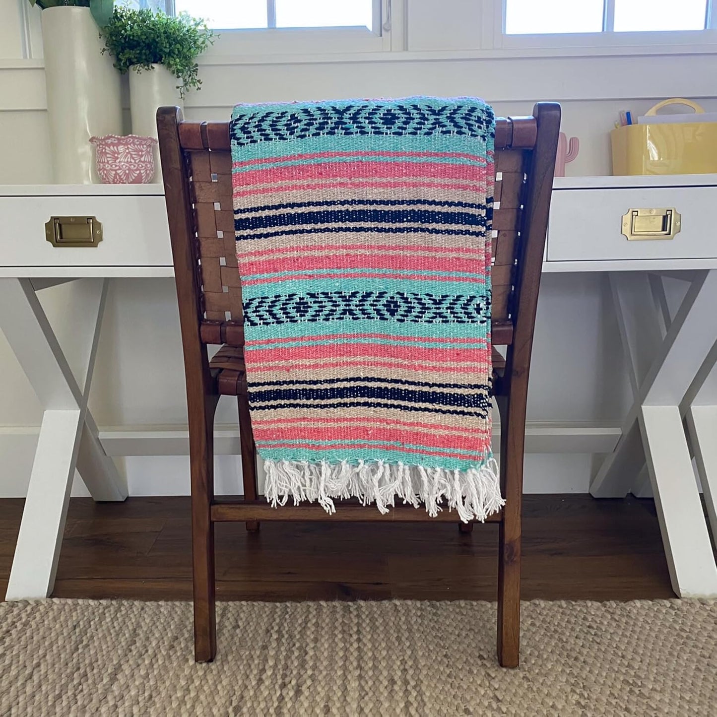 Del Mex Classic Mexican Blanket, Large Authentic Woven Falsa Throw (70"x50"), Artisan Southwest Décor for Beach, Yoga, Outdoors (Mint/Tan/Pink)