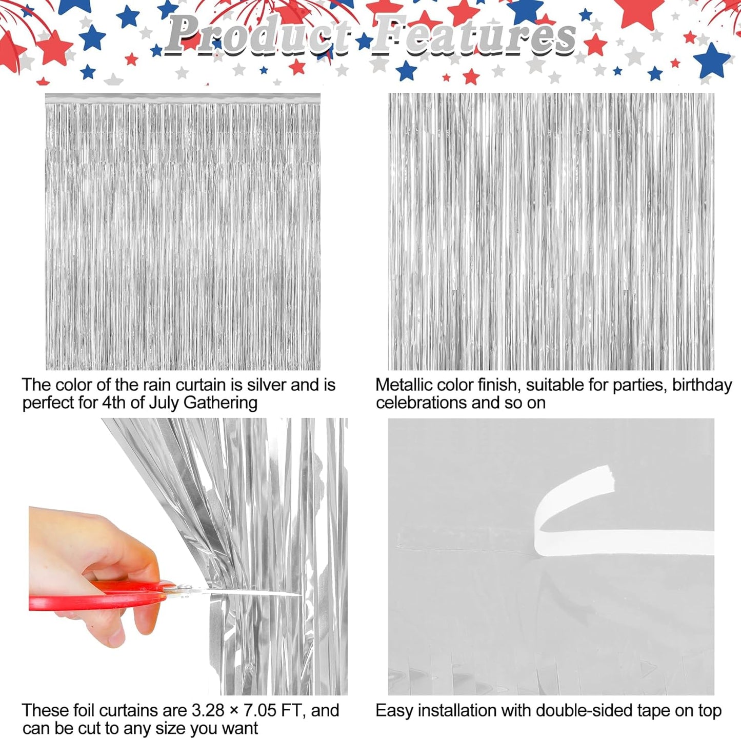 4 Pack Party Decorations, Metallic Silver Backdrop, Photo Booth Props Silver Curtains Tinsel Backdrop Foil Streamer, 21st Birthday Decorations Bachelorette Decor