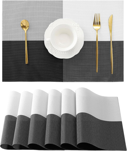 Leetaltree Gray with White Grid Pattern Placemats Set of 6 - Heat Resistant Non-Slip Place mats for Dining Table, Washable Durable PVC Vinyl Woven Table Mats（Grey Grid, 6）