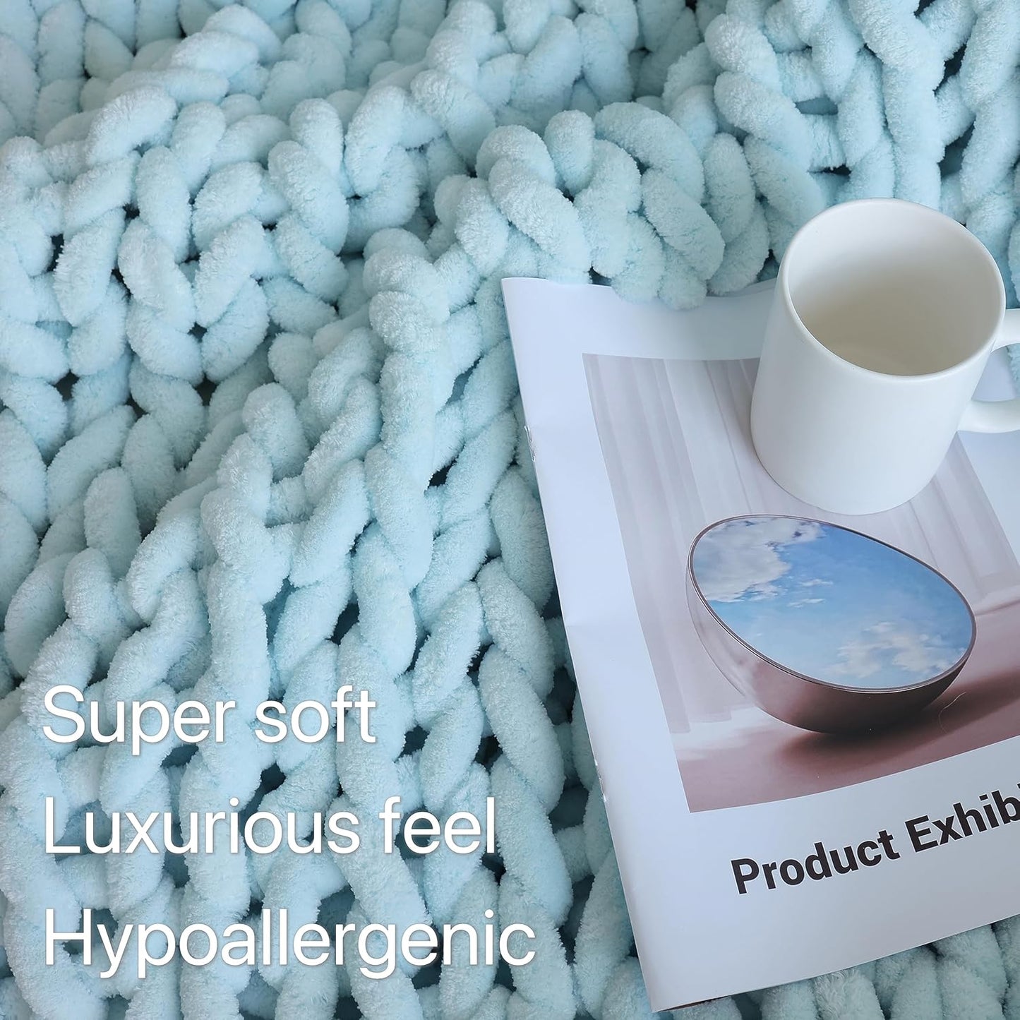 Maetoow Chenille Chunky Knit Blanket Throw （50×60 Inch）, Handmade Warm & Cozy Blanket Couch, Bed, Home Decor, Soft Breathable Fleece Banket, Christmas Thick and Giant Yarn Throws, Baby Blue