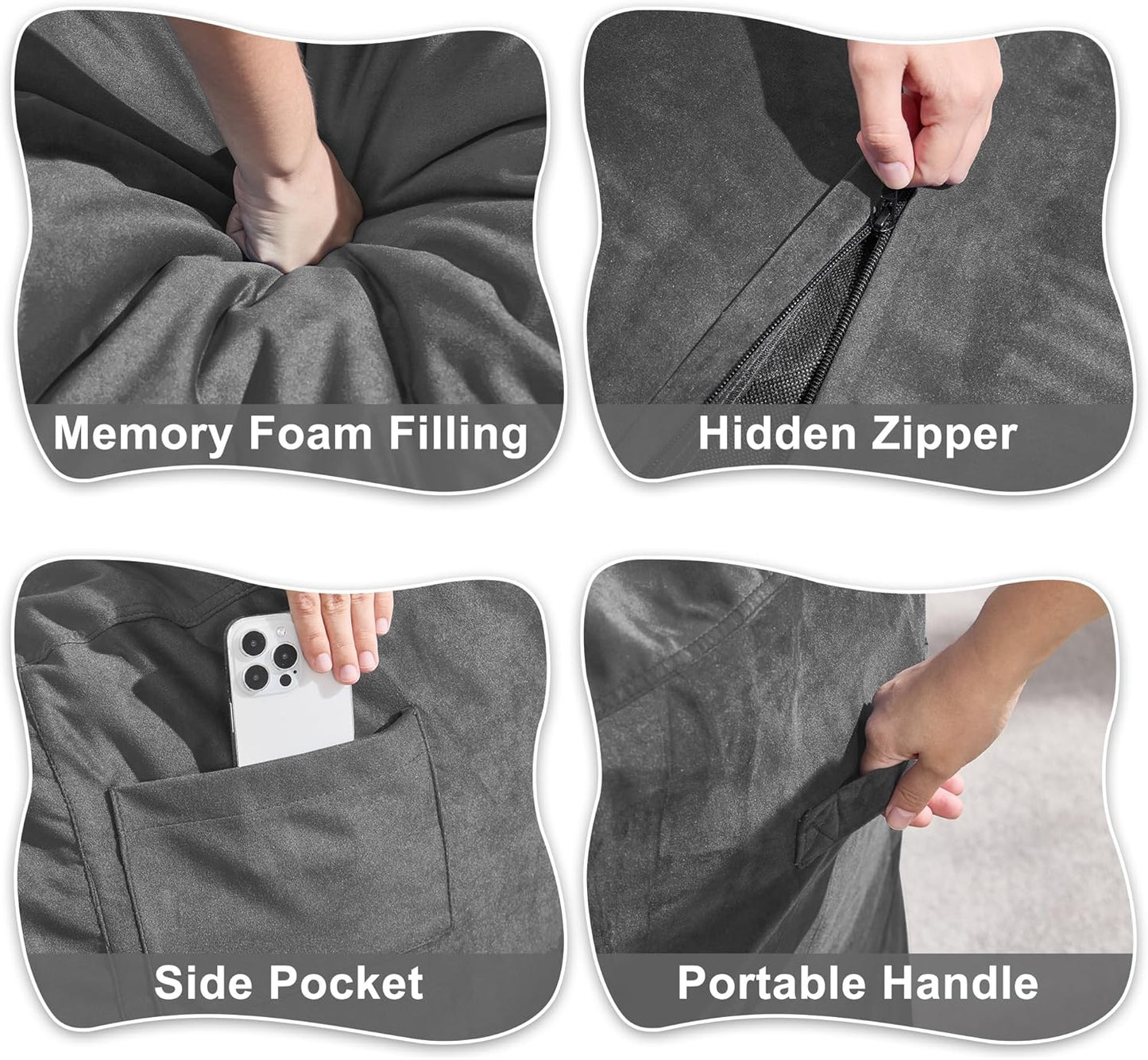 Hobestluk 6FT Bean Bag Chair Bean Bag Chairs for Adults Giant Bean Chairs with Velvet Cover, Memory Foam BeanBag Chair Fluffy BeanBag Chairs for Living Room, Bedroom- Grey (70" x 70" x 15")